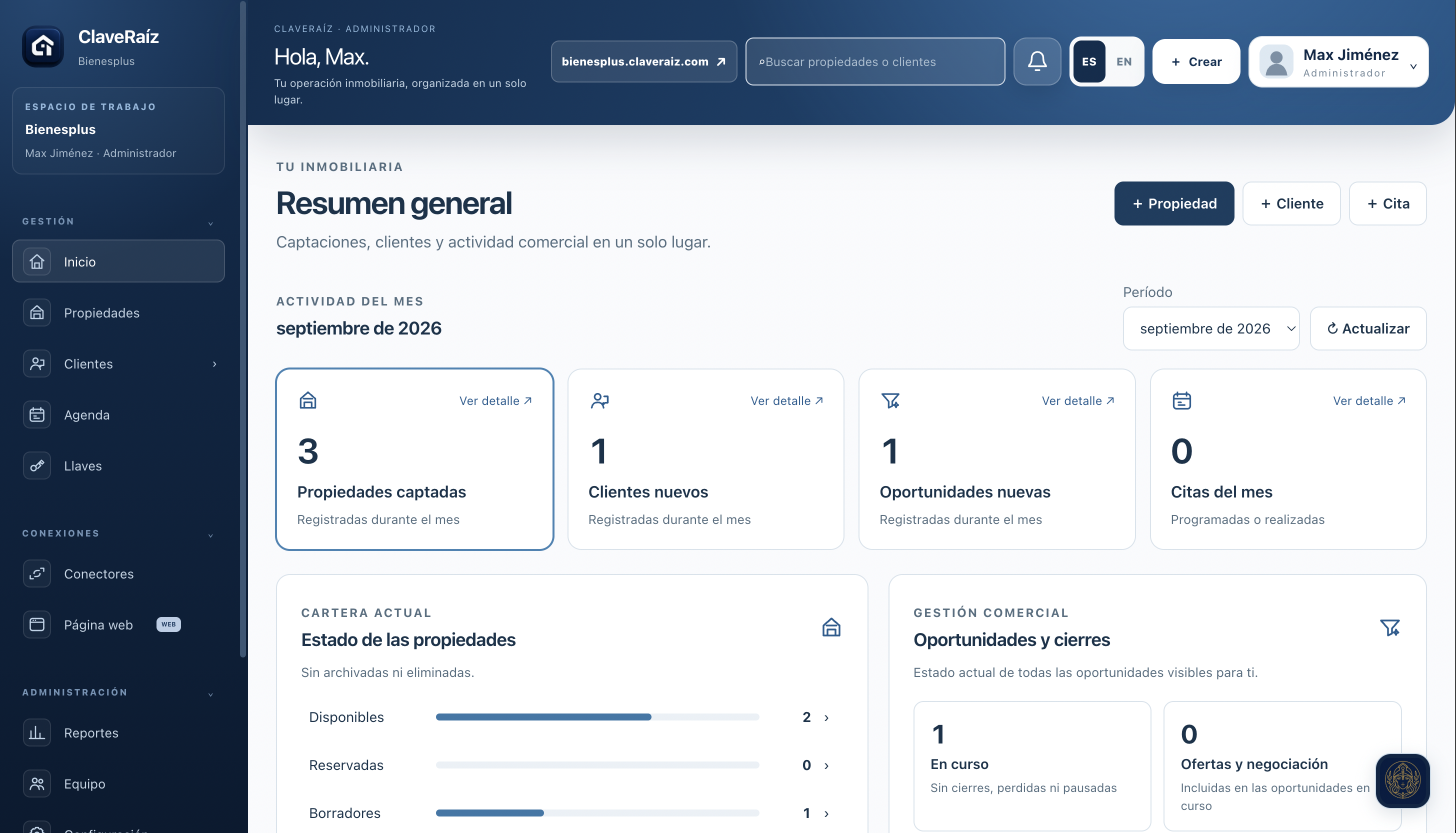 Panel de ClaveRaíz: propiedades, clientes, oportunidades y citas
